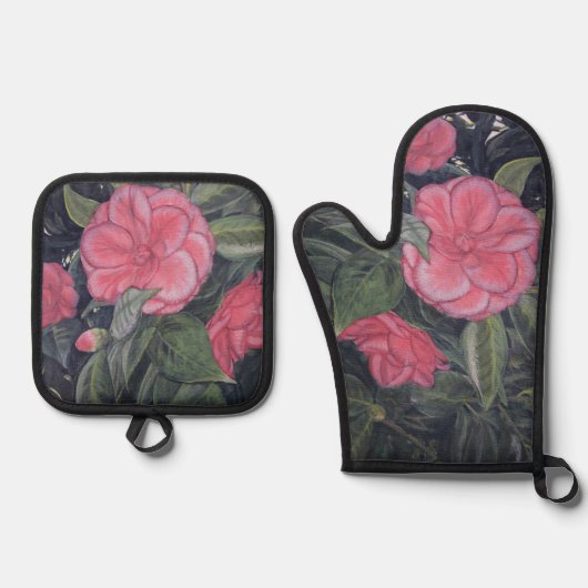 Lila Dawn Camellia Ofenhandschuh & Topflappen-Set (Vorderseite)