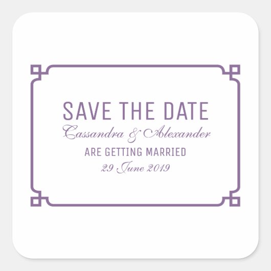 Lila Deko Chic Save the Date Quadratischer Aufkleber (Vorderseite)
