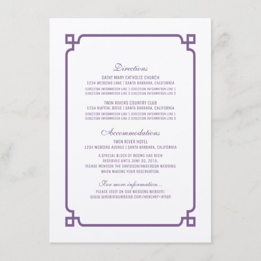 Lila Deko Chic Wedding Info Card Begleitkarte (Vorderseite)
