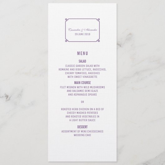 Lila Deko Chic Wedding Menu Menükarte (Vorderseite)