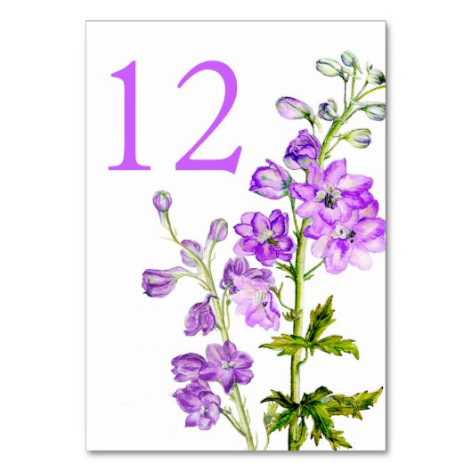 Lila Delphinium Art Hochzeit Tischnummern (Rückseite)