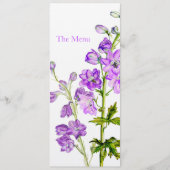 Lila Delphinium Art Hochzeitsmenü Menükarte (Vorderseite)