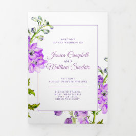 Lila Delphinium-Blume Hochzeit in Aquarellen Dreifach-gefaltete Programmkarte