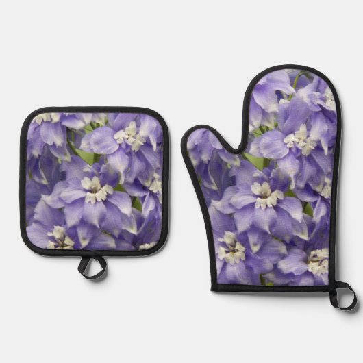 Lila Delphinium Blüten Ofenhandschuh & Topflappen-Set (Vorderseite)