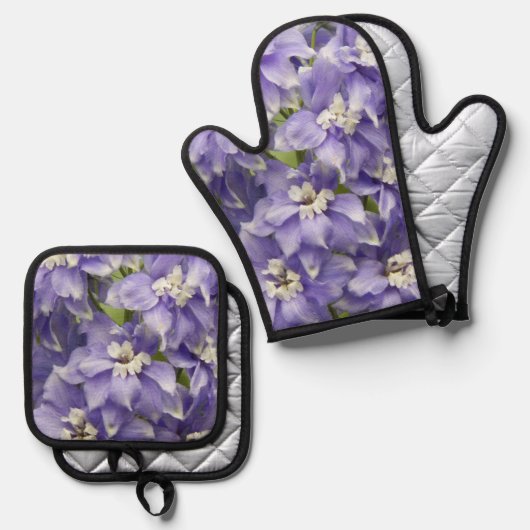Lila Delphinium Blüten Ofenhandschuh & Topflappen-Set (Vorderseite/Rückseite)