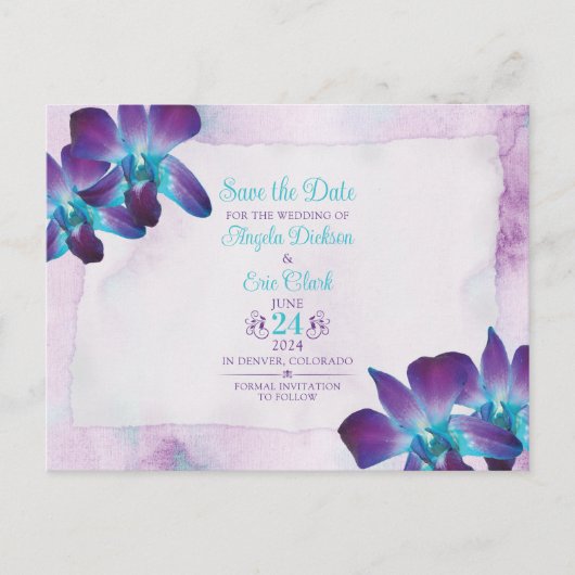 Lila Dendrobium Orchid Wedding Save the Date Postkarte (Vorderseite)