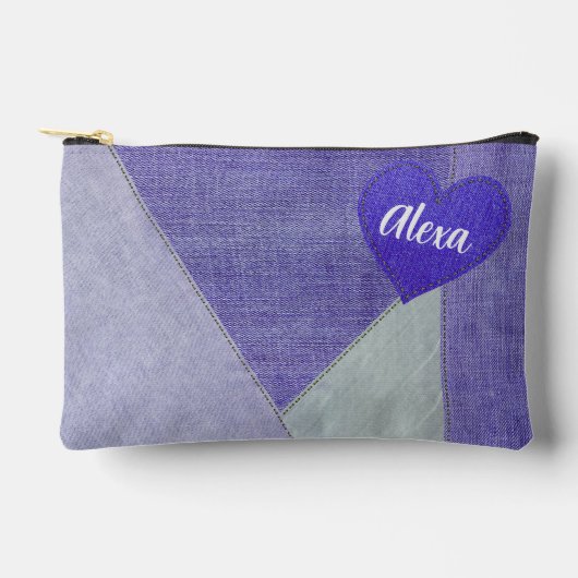 Lila Denim Herz mit Namen Zubehörtasche (Vorderseite)