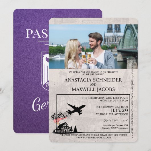 Lila Deutschland-Pass-Hochzeit Einladung (Vorne/Hinten)