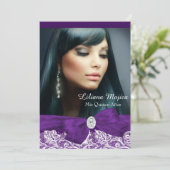 Lila Diamond Bow & Hübsch Lace Quinceanera Einladung (Stehend Vorderseite)