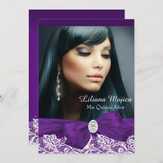 Lila Diamond Bow & Hübsch Lace Quinceanera Einladung (Vorne/Hinten)