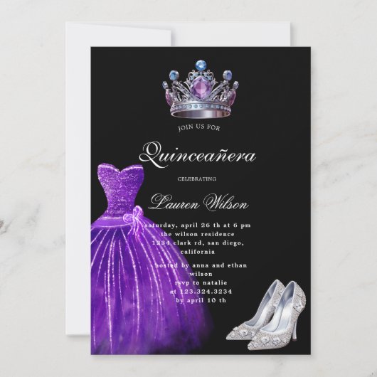 Lila Diamond Queen Exclusive Quinceañera Einladung (Vorderseite)
