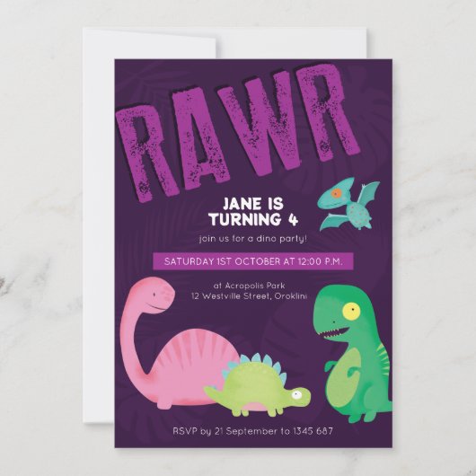 Lila Dinosaur Birthday Invite Einladung (Vorderseite)