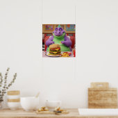 Lila Dinosaurier, der einen Burger genießt Poster (Küche)