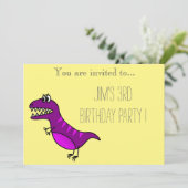 Lila Dinosaurier-Geburtstagsparty Einladung (Stehend Vorderseite)