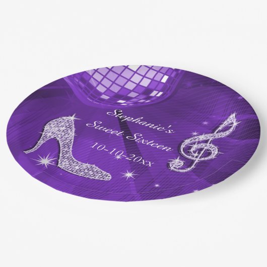 Lila Disco-Ball und Heels-Bonbon 16 Pappteller (Schrägansicht)