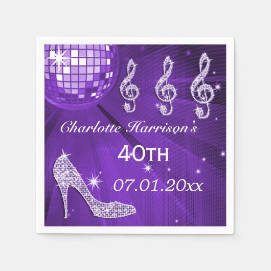 Lila Disco-Ball-und Schein-Heels 40. Serviette (Vorderseite)