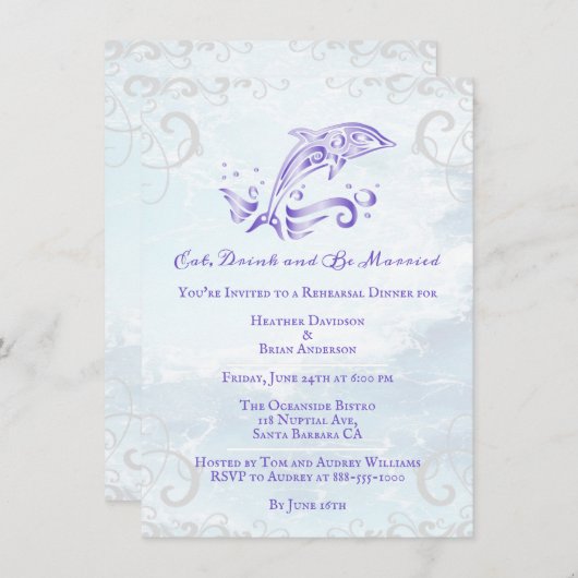 Lila Dolphin Hochzeit Probe Dinner Einladung (Vorne/Hinten)