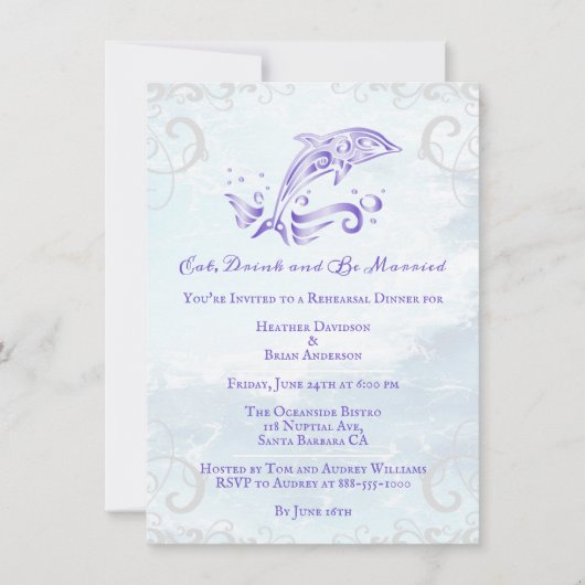 Lila Dolphin Hochzeit Probe Dinner Einladung (Vorderseite)