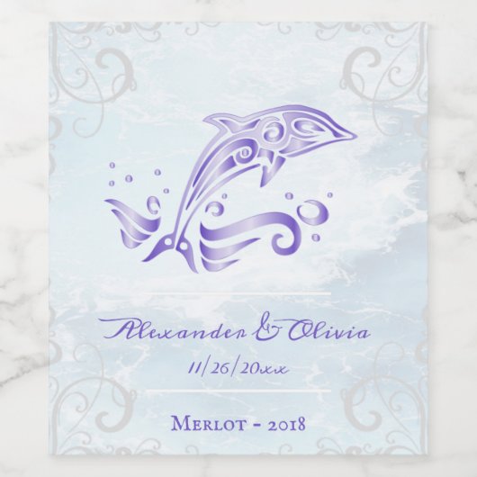 Lila Dolphin Wedding Wine Label Weinetikett (Einzelnes Label)