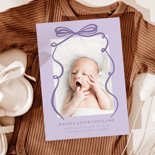 Lila Doodle Bow Frame Birth Ankündigung Foto