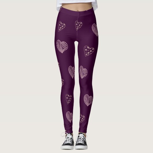Lila Doodle Hearts Leggings (Vorderseite)