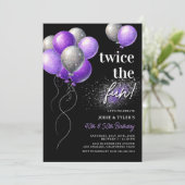 Lila Doppelballon-Geburtstag Einladung (Stehend Vorderseite)
