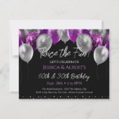 Lila Doppelgeburtstag und Silberballon Einladung (Vorderseite)