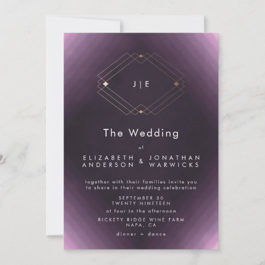 Lila Doppelmonogramm-Geometrie-GoldWedding Einladung (Vorderseite)