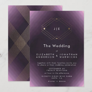 Lila Doppelmonogramm-Geometrie-GoldWedding Einladung