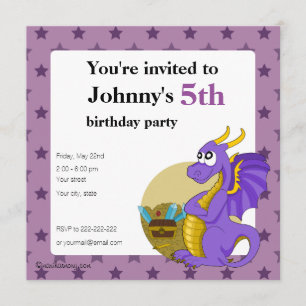 Lila Drache Cartoon Geburtstagsausdrucke Einladung