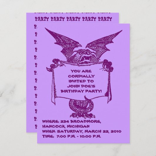 LILA DRACHE, DER PARTY INVITATION-CUSTOMIZE HÄLT EINLADUNG (Vorne/Hinten)