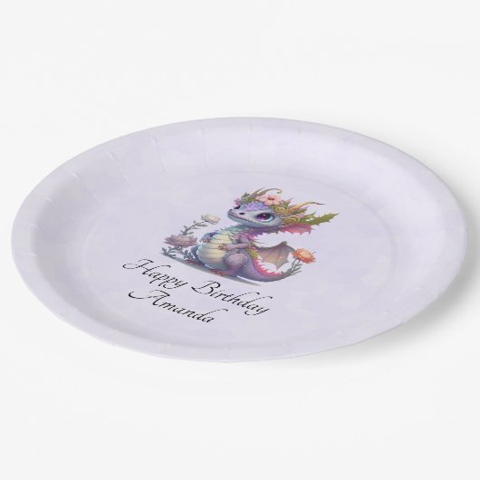 Lila Drache mit eleganter Krone Pappteller (Schrägansicht)