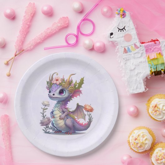 Lila Drache mit eleganter Krone Pappteller (Party)