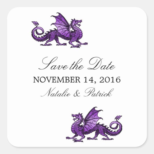 Lila Drache Save-the-Date-Aufkleber Quadratischer Aufkleber (Vorderseite)