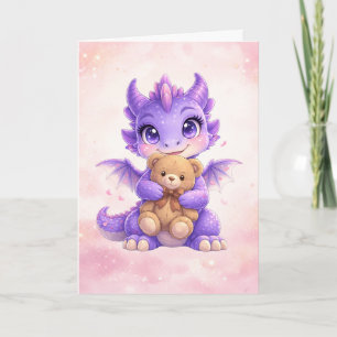 Lila Drache umarmt Teddy Blanko Grußkarte Karte