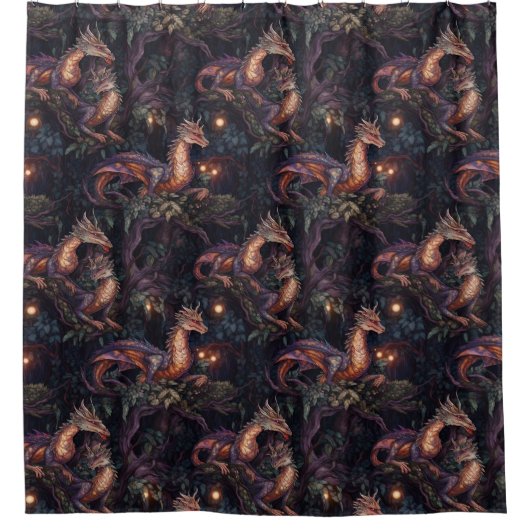 Lila Drachen in Bäumen Duschvorhang (Vorderseite)