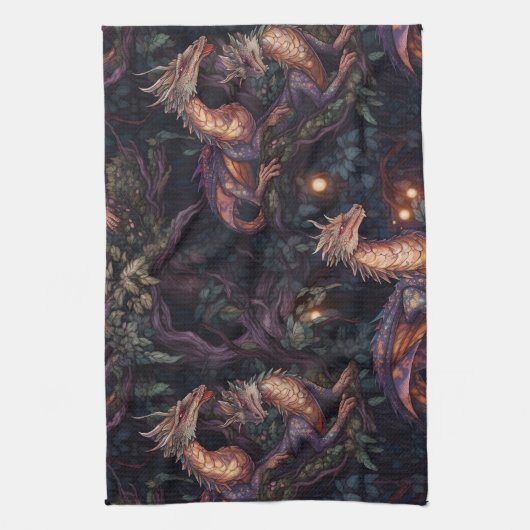 Lila Drachen in Bäumen Geschirrtuch (Vertikal)