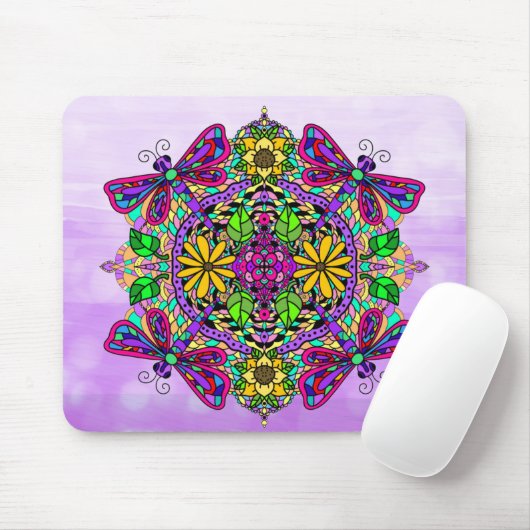 Lila Drachenfliege Mandala Handgezeichnete Kunst Mousepad (Mit Mouse)