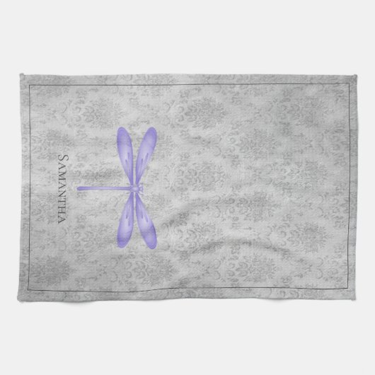 Lila Dragonfly Damask Geschirrtuch (Horizontal)