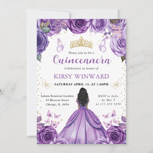 Lila Dress Dark Skin Princess Quinceanera Einladung (Vorderseite)