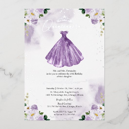 Lila Dress Quincenera Folieneinladung (Vorderseite)