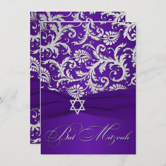 LILA DRUCKER RIBBON, Silver Damask Bat Mitzvah Einladung (Vorne/Hinten)