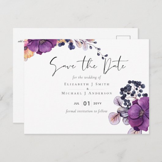 Lila Dunkle Flora Budget Hochzeiten Rett Termine Postkarte (Vorne/Hinten)