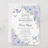 Lila Dusty Blue Floral Butterfliegen Quinceañera Einladung (Vorderseite)