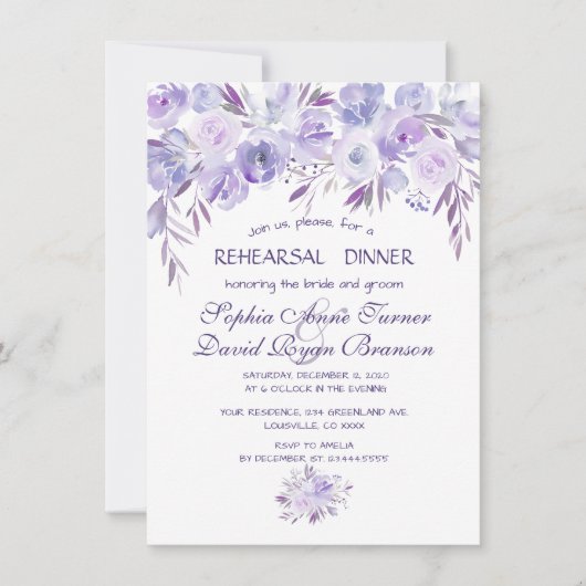 Lila Dusty Blue Floral Probe Abendessen Einladung (Vorderseite)