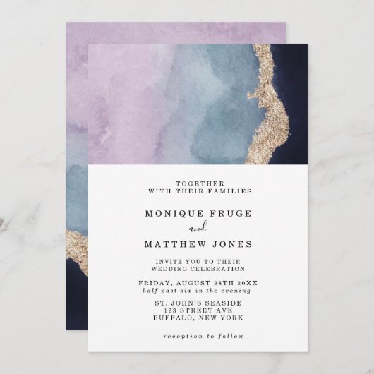 Lila Dusty Blue Watercolor Agate Gold Hochzeit Einladung (Vorne/Hinten)