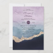 Lila Dusty Blue Watercolor Gold Agate Wedding Einladung (Vorderseite)