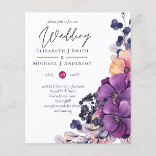 Lila Dynastie Dark Floral Budget Hochzeit lädt ein Flyer