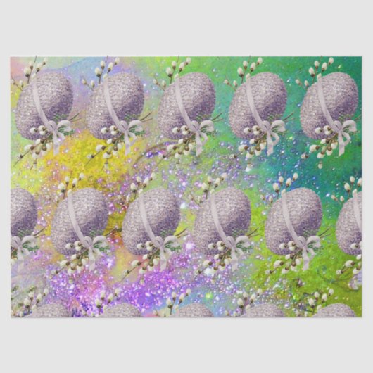 LILA EASTEREGEL, WEISSE BLUMEN, GELBE GLITZERN SEIDENPAPIER (Vorderseite)