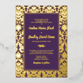 Lila Echt-Gold-Foil-Damaskus-Hochzeit Folieneinladung (Vorderseite)